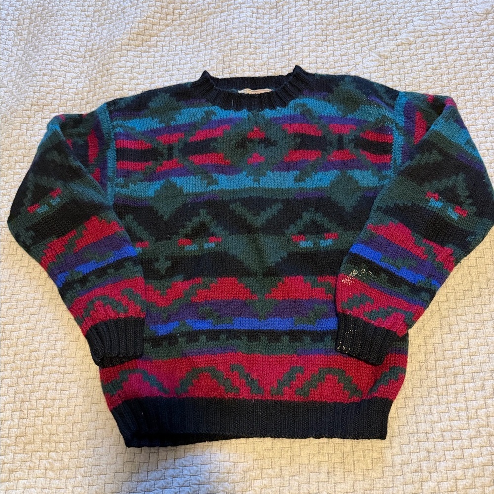Vintage LL Bean Aztec Print 100% Wool Sweatshirt Tagged M Measures Small